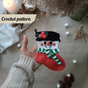 Crochet pattern Christmas stocking snowman, Christmas amigurumi sock, New Year&#39;s stocking pattern