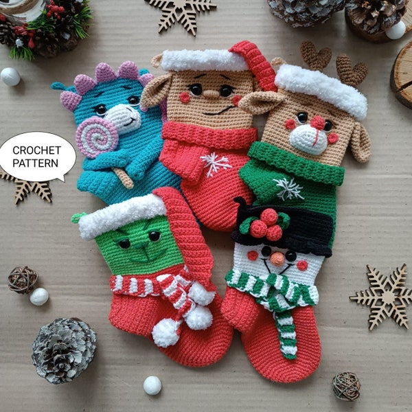 Crochet pattern Christmas stocking 5 in 1, Christmas amigurumi stocking, New Year's sock crochet pattern