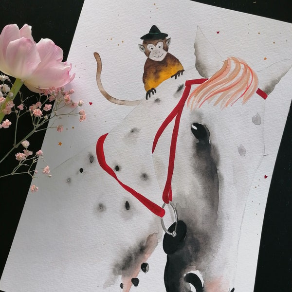 Poster Pferd mit Affe Pi Pi La | Geburt | Taufe | Kinderzimmer | Personalisierbar