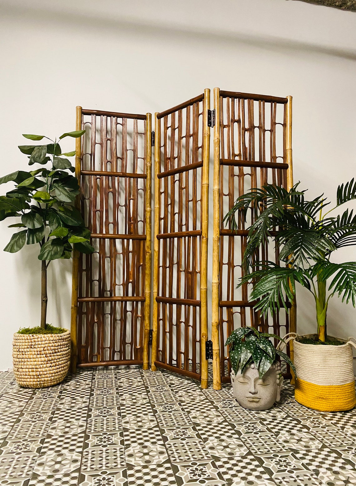 Boho 3panel Bamboo Rattan Room Divider Vintage Room Divider Etsy