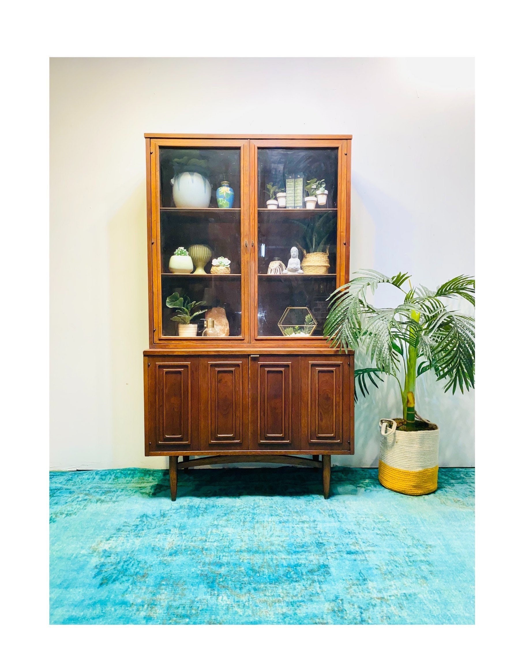 MCM Broyhill Sculptra Walnut China Cabinet, Mid Century Modern