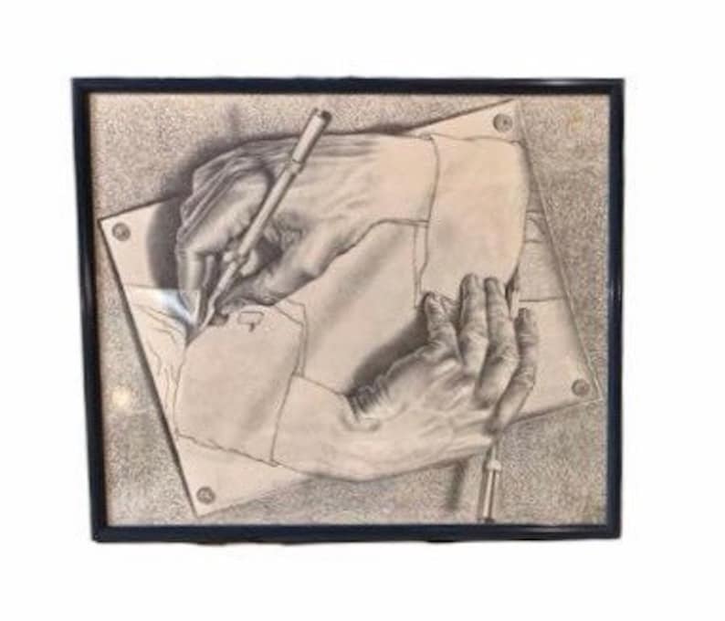 Mid Century Art, Drawing Hands is a lithograph by the Dutch artist M. C. Escher, MCM Print, Modern Abstract Art, Vintage Wall Decor image 1