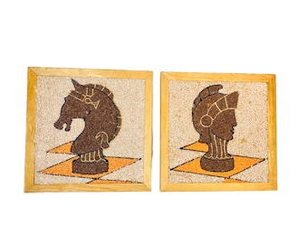 Mid Century Modern Pair of Gravel Art, MCM Chess Pieces Wall Decor, Brutalist Wall Art