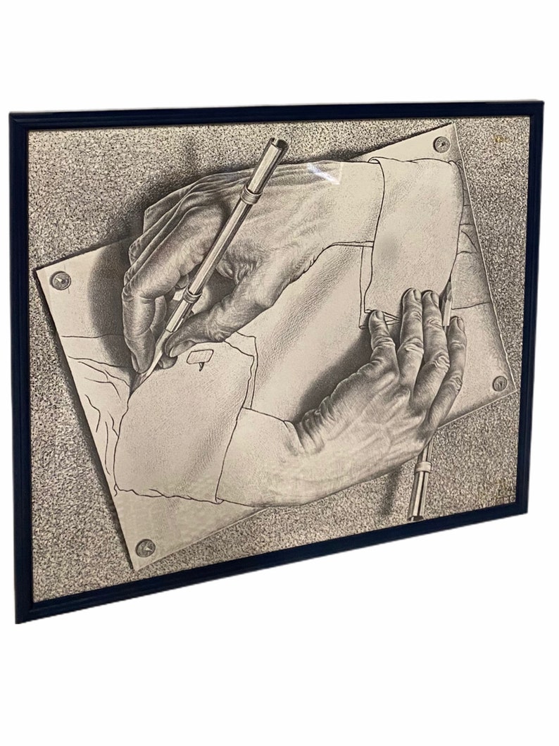 Mid Century Art, Drawing Hands is a lithograph by the Dutch artist M. C. Escher, MCM Print, Modern Abstract Art, Vintage Wall Decor image 3