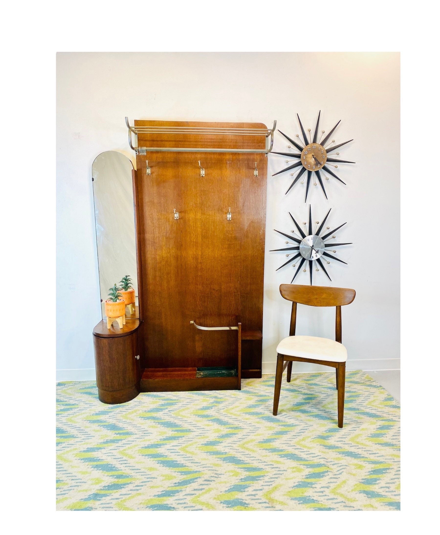 Mid Century Modern Walnut Entryway Hall Tree With Mirror Storage Cabinet Coat Hooks and Overhead Hanging Rack MCM Vintage Entry Organizer Etsy