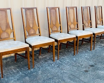 Mid Century Broyhill Brasilia Walnut and Cane Dining Chairs, Set of Six Brasilia Side Chairs