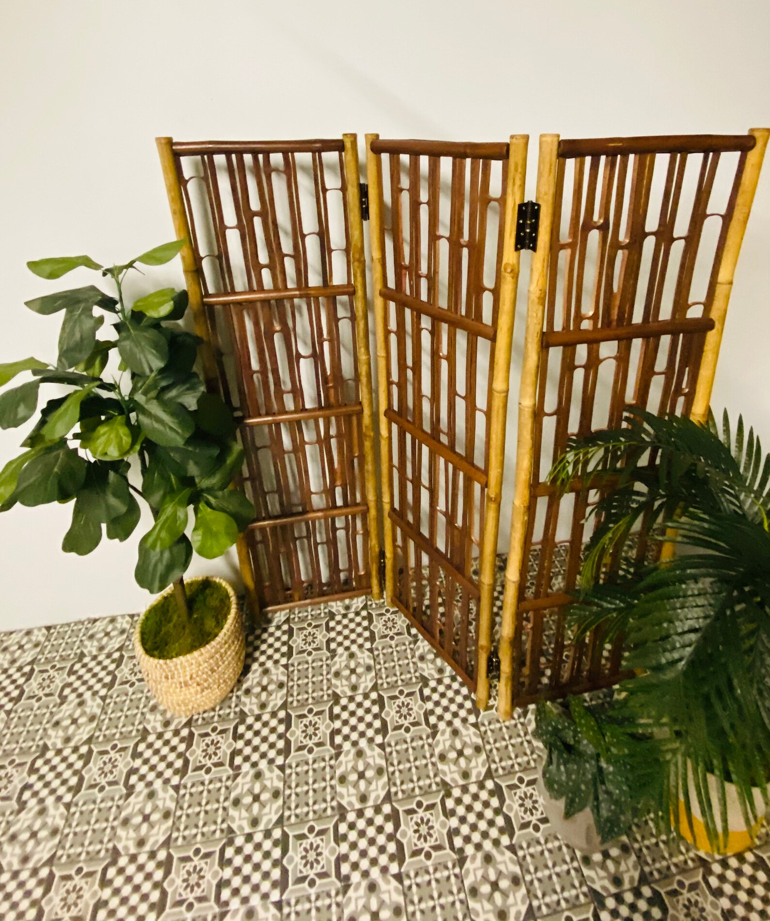 Boho 3panel Bamboo Rattan Room Divider Vintage Room Divider Etsy