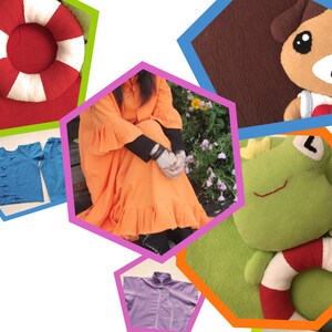 May include: A collage of images featuring various items, including a red and white life preserver, a blue shirt, a purple shirt, a green frog plush toy, a brown plush toy, and a woman wearing an orange dress.