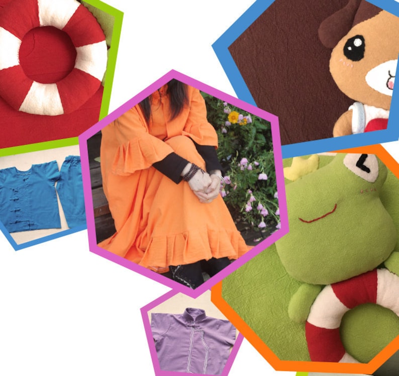 May include: A collage of images featuring various items, including a red and white life preserver, a blue shirt, a purple shirt, a green frog plush toy, a brown plush toy, and a woman wearing an orange dress.