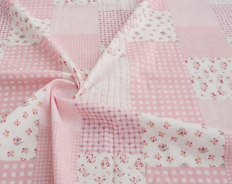 Floral Printed Cotton Fabric- Cottage Chic Flower Floral Gingham Check Square Patchwork Poplin- Printed Fabric- Decorative- By The Half Yard