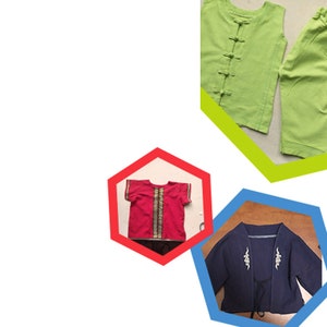 May include: Three different styles of children's tops. The first is a red top with gold trim, the second is a green sleeveless top with a button closure, and the third is a navy blue top with a tie closure and white embroidery.