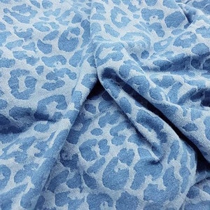 Leopard Print Jacquard Denim Fabric, Washed Denim Fabric, Heavy weight Denim Fabric, Blue Denim Fabric, Jeans Fabric, By The Half Yard