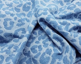 Leopard Print Jacquard Denim Fabric, Washed Denim Fabric, Heavy weight Denim Fabric, Blue Denim Fabric, Jeans Fabric, By The Half Yard
