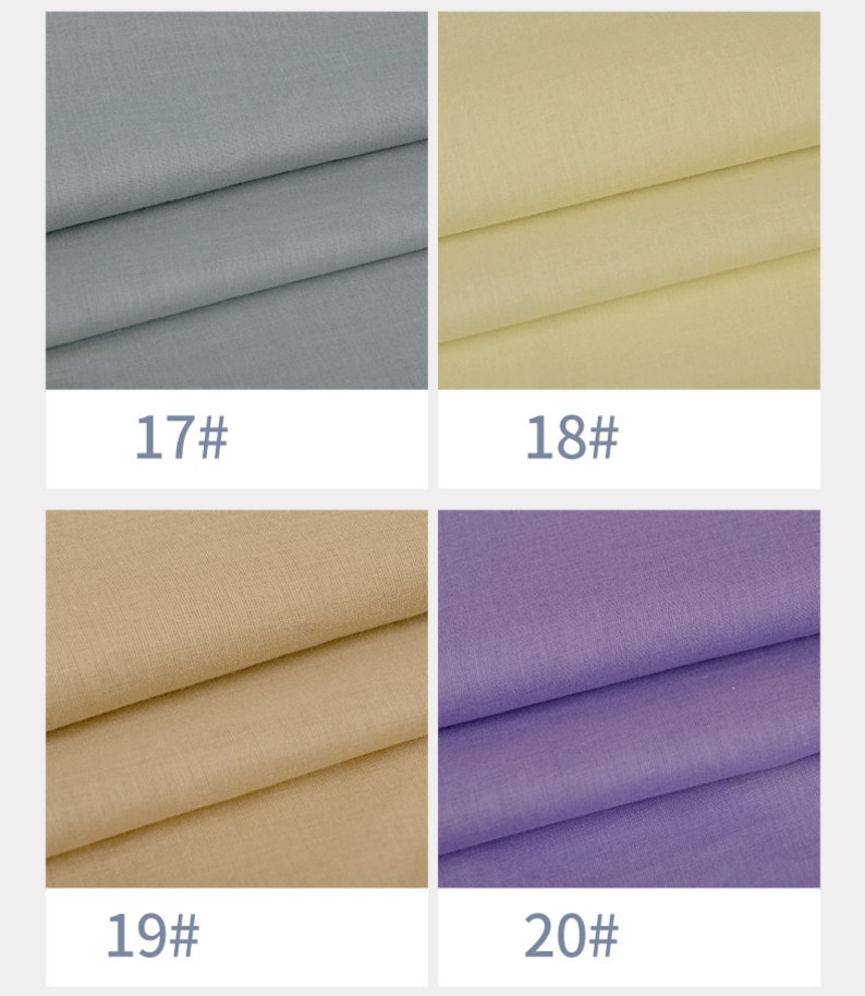 May include: Four fabric swatches in different colours: light blue, light yellow, beige, and light purple. Each swatch is labelled with a number: 17#, 18#, 19#, and 20#.