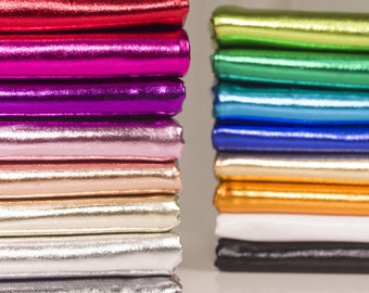Kleurrijke glanzende folie op stretch lichtgewicht gebreide jersey polyester spandex stof, kledingstof, lovertjes stof, op maat gesneden