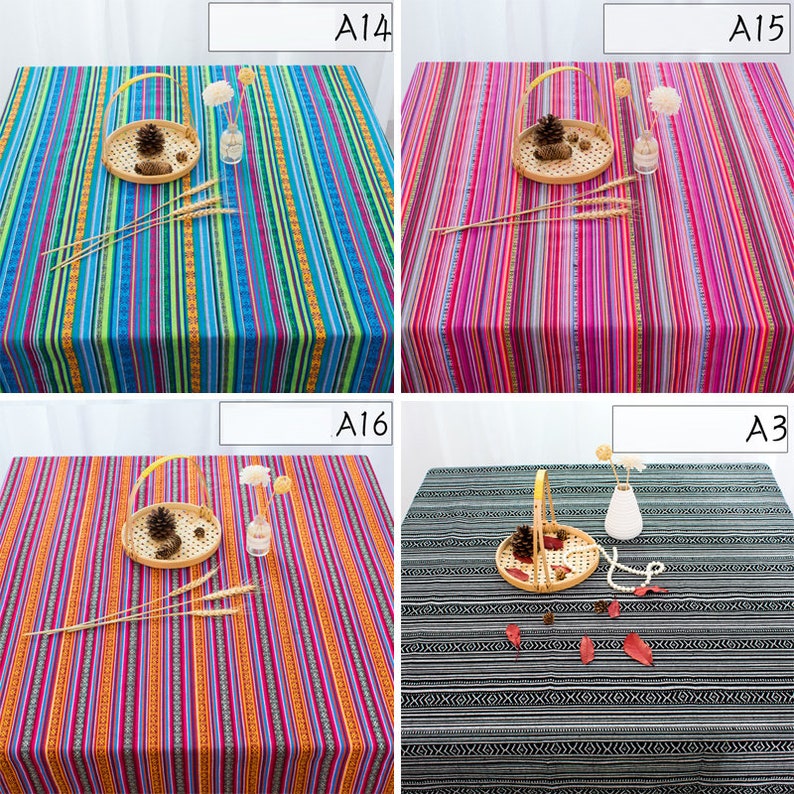 May include: Four different tablecloths with striped and geometric patterns. The tablecloths are in various colors, including blue, pink, orange, and black.
