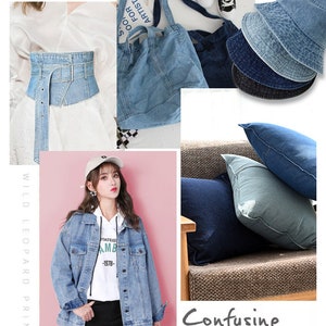 May include: A collection of denim items, including a tote bag, a jacket, a belt, a hat, and throw pillows. The items are all made of a light blue denim fabric. The text "Confusing Design" is written on the image.