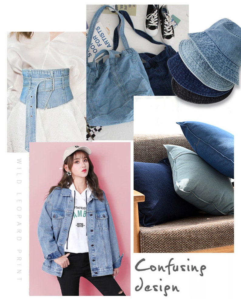 May include: A collection of denim items, including a tote bag, a jacket, a belt, a hat, and throw pillows. The items are all made of a light blue denim fabric. The text "Confusing Design" is written on the image.