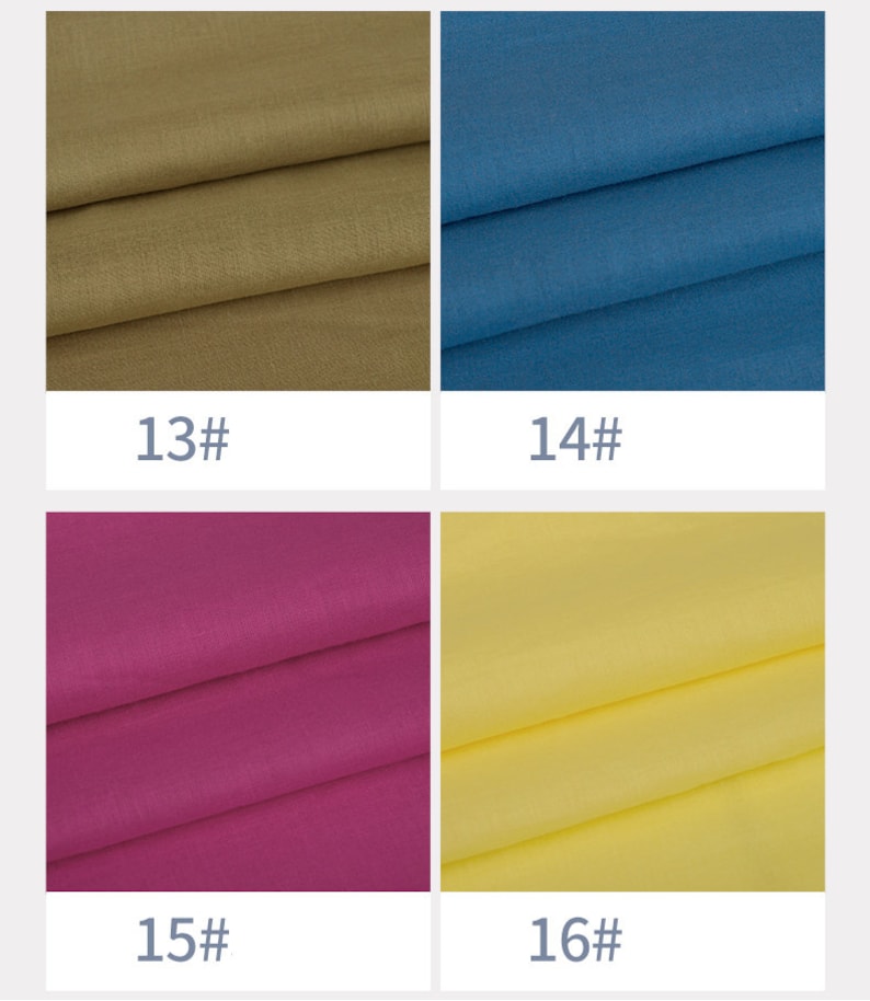 May include: Four fabric swatches in different colours: a muted brown, a blue, a pink, and a yellow. The swatches are labelled with numbers 13, 14, 15, and 16.