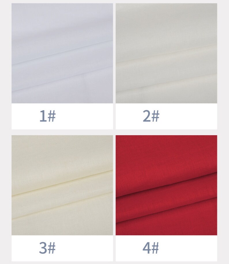May include: Four fabric swatches, numbered 1 to 4. Swatches 1 and 2 are white, swatch 3 is off-white, and swatch 4 is red.