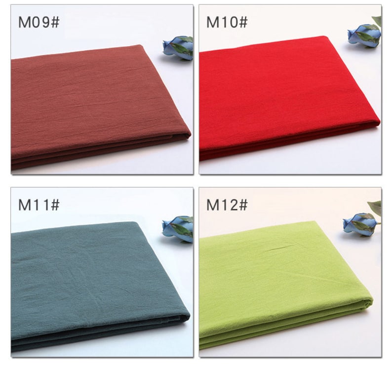 May include: Four fabric swatches in different colours: red, green, blue, and brown. The swatches are labelled with the codes M09#, M10#, M11#, and M12#.