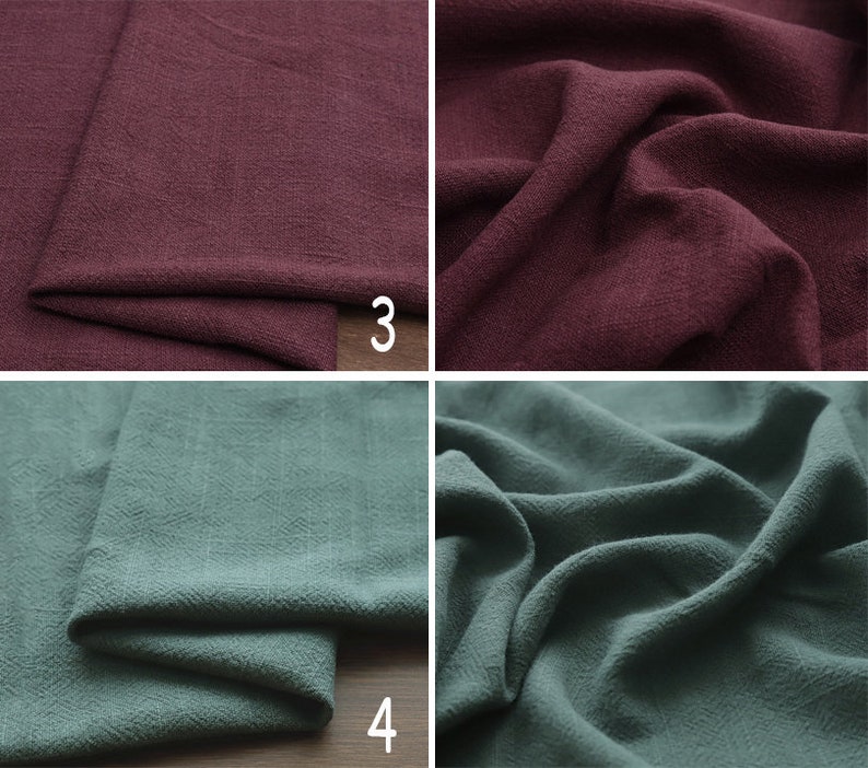 May include: Two fabric swatches, one a deep burgundy red and the other a muted teal green. Both fabrics have a textured, linen-like appearance.