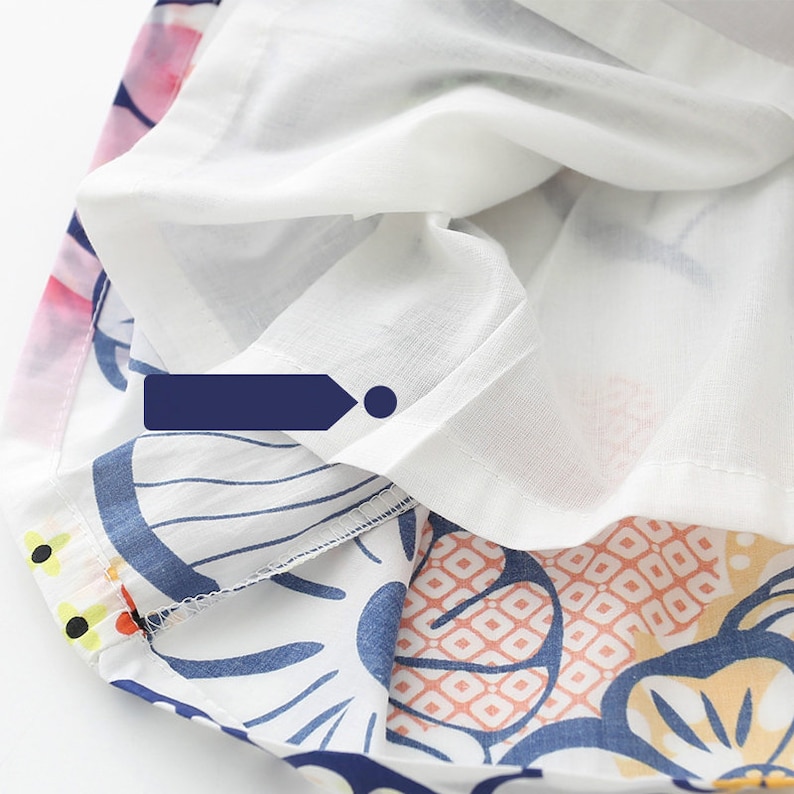 May include: Close-up of a white fabric with a blue and white floral print. The fabric is folded over and the seam is visible.
