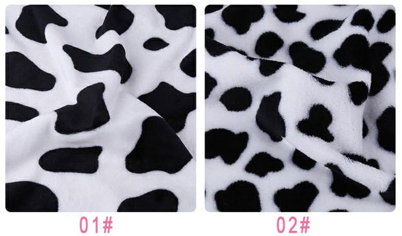 May include: Two close-up images of black and white cow print fabric. The first image shows a more textured fabric with a tighter pattern. The second image shows a smoother fabric with a larger pattern.