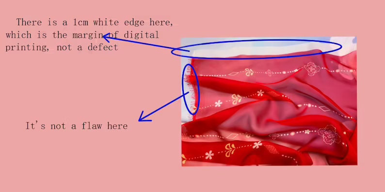 K&ouml;nnte beinhalten: Roter, durchsichtiger Stoff mit einem wei&szlig;en Rand und einem Blumenmuster. Der wei&szlig;e Rand ist ein 1 cm breiter Rand vom Digitaldruck, kein Fehler. "Es ist kein Fehler hier."