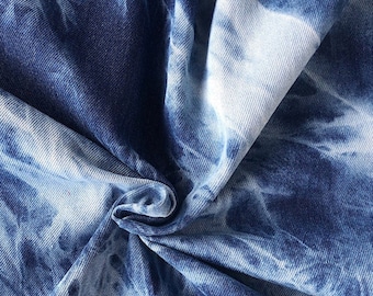 Tessuto denim pesante tie-dye, tessuto denim lavato, denim di cotone, denim spesso, denim blu, denim morbido, tessuto jeans, al metro quadro