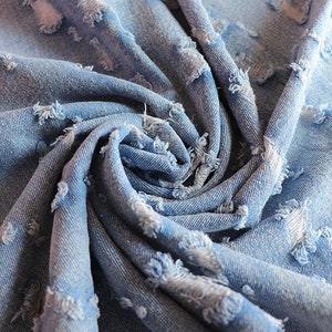 Washed Denim Fabric, 100% Cotton Denim Fabric, Blue Denim Fabric, Denim Fabric with Holes, Apparel Fabric, By The Half Yard