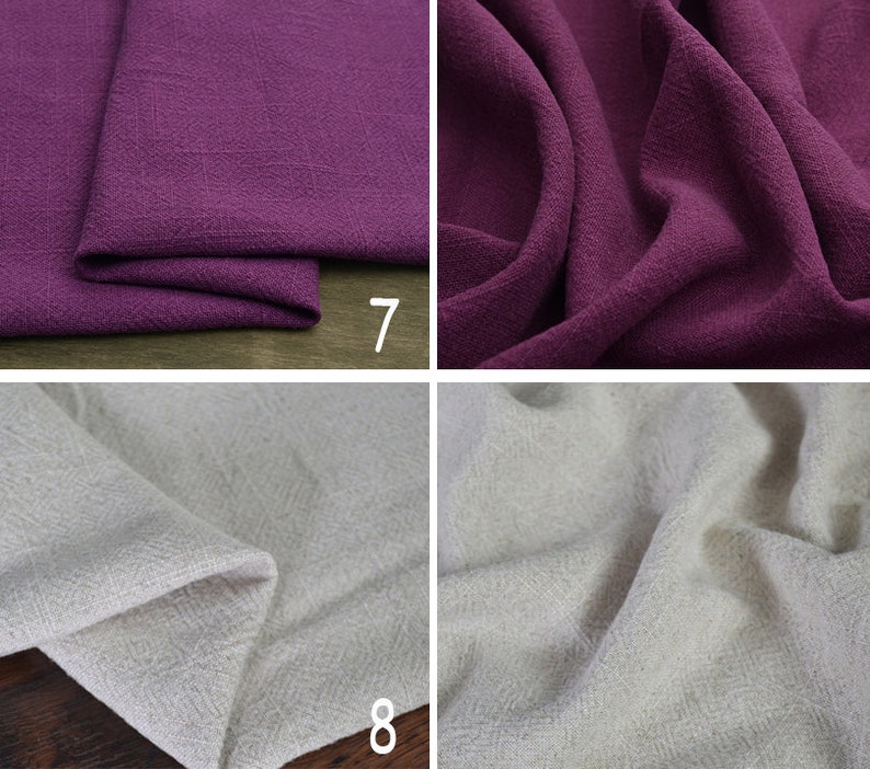 May include: Two fabric swatches, one a deep purple and the other a light beige. Both fabrics have a textured weave.