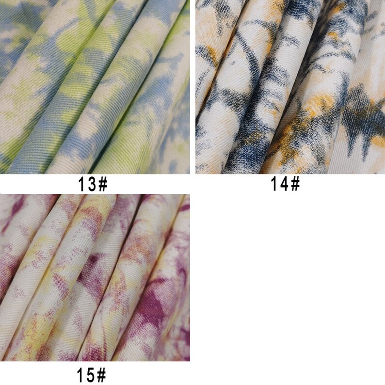 Pu&ograve; includere: Tre diversi campioni di tessuto con motivi tie-dye. Il primo campione &egrave; un motivo tie-dye blu chiaro e verde. Il secondo campione &egrave; un motivo tie-dye bianco e blu. Il terzo campione &egrave; un motivo tie-dye bianco e rosa.