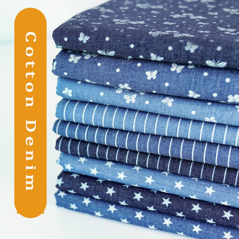 Blue Printed Denim Fabric Lightweight Denim Fabric Washed Etsy