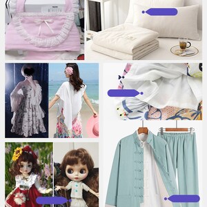 May include: A collection of images showcasing different types of fabric and clothing. The images include a sewing machine, a pillow, a white shirt, a doll, and a traditional Chinese-style jacket and trousers.