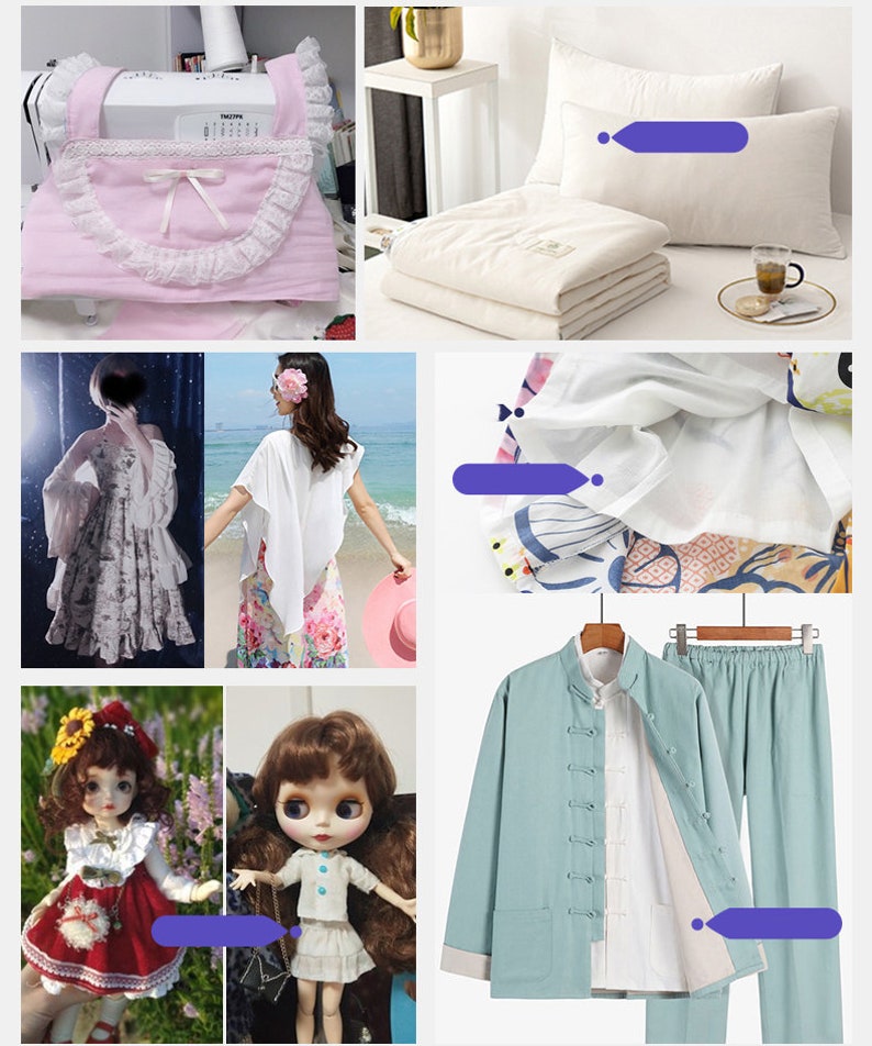 May include: A collection of images showcasing different types of fabric and clothing. The images include a sewing machine, a pillow, a white shirt, a doll, and a traditional Chinese-style jacket and trousers.