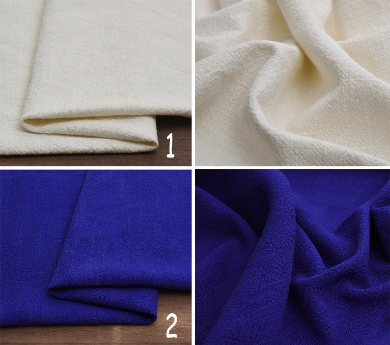 May include: Two fabric swatches, one off-white and one royal blue. Both fabrics have a textured, woven appearance.
