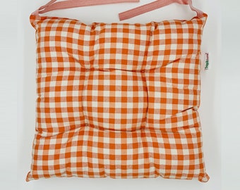 Orange Gingham | Poly-cotton Chair Cushion Seat Pad with Ties | Ideal for Dining Room, Garden, Kitchen