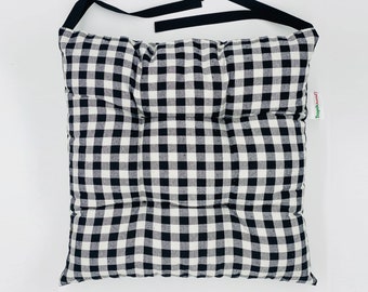 Black Gingham | Poly-cotton Chair Cushion Seat Pad with Ties | Ideal for Dining Room, Garden, Kitchen