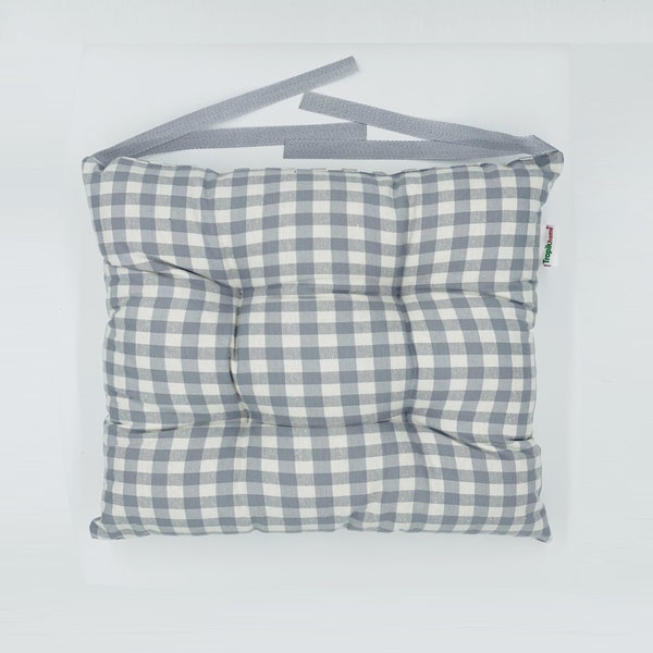 Grey Gingham | Poly-cotton Chair Cushion Seat Pad with Ties | Ideal for Dining Room, Garden, Kitchen