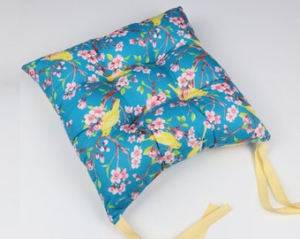 Spring Birds and Blossom | Funky Chair Cushion Seat Pad with Ties | Ideal for Dining Room, Garden, Kitchen