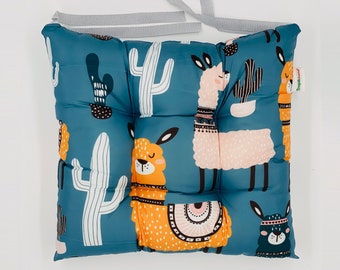 Llamas and Cactus | Funky Chair Cushion Seat Pad with Ties | Ideal for Dining Room, Garden, Kitchen