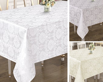 Large Rectangular Cotton and Polyester Tablecloths, Table Cover Cloth with Damask Pattern in White, Cream or Grey, Available in Four Sizes