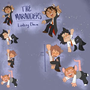 Puede incluir: Ilustración de "The Marauders Linking Charm" con personajes de dibujos animados con uniformes escolares. La imagen incluye personajes con rasgos de animales, con una medida de 17,78 cm a la izquierda y 3,81 cm a la derecha.
