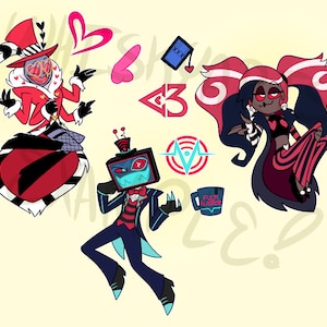 Puede incluir: Una ilustraci&oacute;n digital de tres personajes de dibujos animados. Un personaje de dibujos animados rojo y blanco con un sombrero de copa y un mon&oacute;culo rojo en forma de coraz&oacute;n. Un personaje de dibujos animados azul y negro con una televisi&oacute;n por cabeza. Un personaje de dibujos animados negro y rojo con cabello largo negro y coletas rojas. Los personajes est&aacute;n rodeados de corazones, un blanco y rojo objetivo, una taza azul y blanca con el texto "F*CK BLASTOR" y una tarjeta azul con el texto "XXX".