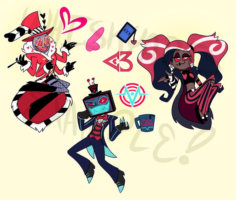 Puede incluir: Una ilustraci&oacute;n digital de tres personajes de dibujos animados. Un personaje de dibujos animados rojo y blanco con un sombrero de copa y un mon&oacute;culo rojo en forma de coraz&oacute;n. Un personaje de dibujos animados azul y negro con una televisi&oacute;n por cabeza. Un personaje de dibujos animados negro y rojo con cabello largo negro y coletas rojas. Los personajes est&aacute;n rodeados de corazones, un blanco y rojo objetivo, una taza azul y blanca con el texto "F*CK BLASTOR" y una tarjeta azul con el texto "XXX".
