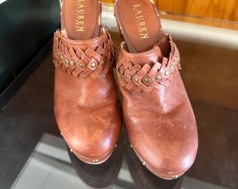 Lauren Ralph Lauren Shayla Vachetta Leather Clogs | Studded Boho Western Mules (Size 8B)