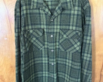 Vintage Shirt 1970s Pendleton Wool | Green Plaid Camp Collar |USA Made