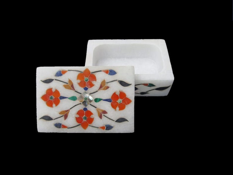 Jewelry Box White Marana Marble Lapis Semi Precious Stone Home Decor Gift
