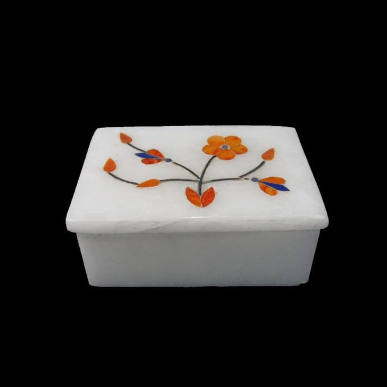 Jewelry Box White Marana Marble Carnelian Semi Precious Stone Home Decor Gift